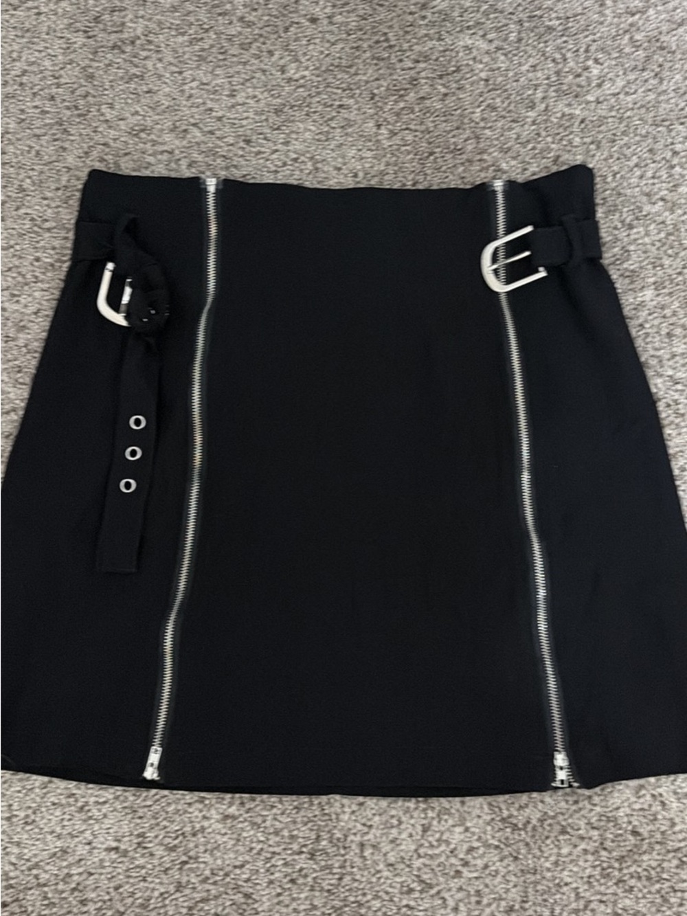 Black Mini Skirt with Silver Zippers and Buckle Detail